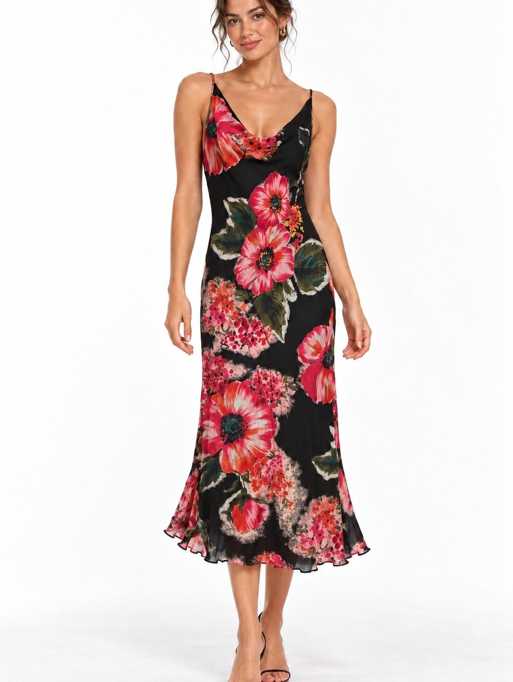 Vintage American Angel Floral Cowl Neck Slip Dress L Rayon Whimsigoth
